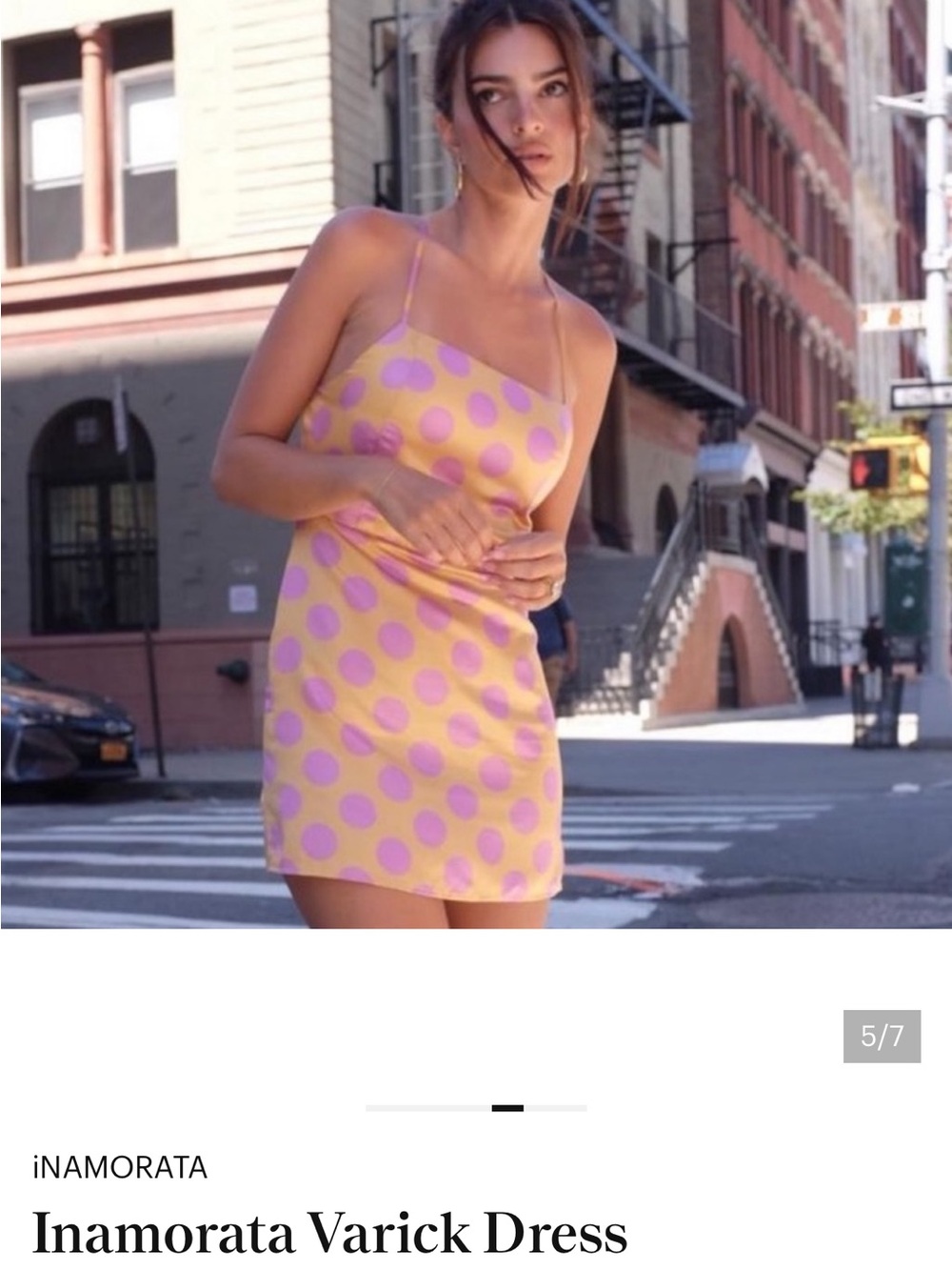 iNAMORATA Yellow-Gold Mini Dress with Light Purple Polka Dots